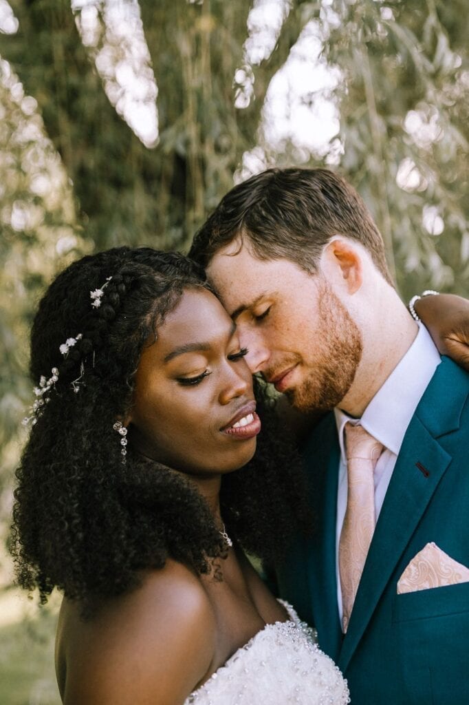 beautiful African American bride and caucasian groom