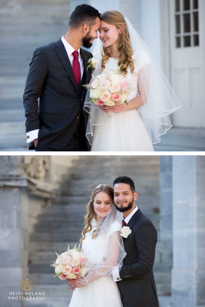 bride and groom in Old City, Philadelphia Marriott Hotel