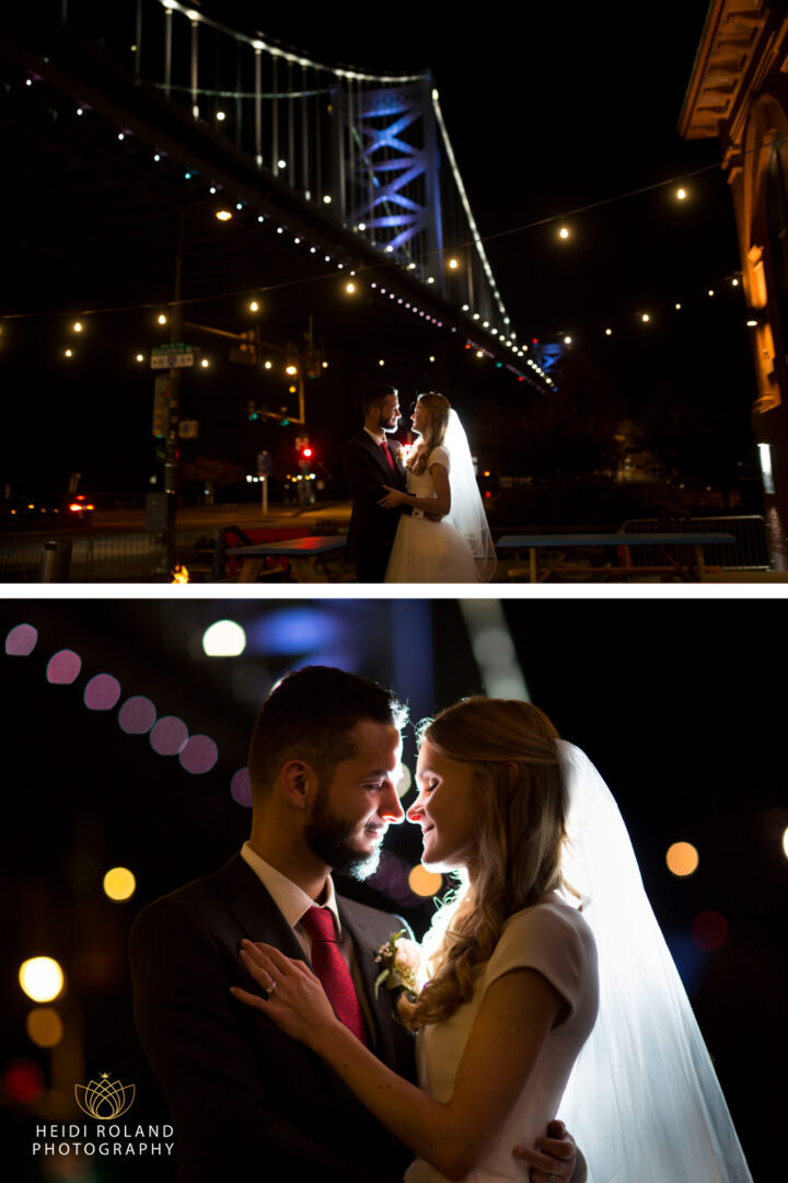 Bride and groom outside of La Peg Restaurant in front of the Ben Franklin Bridge and the amazing skyline. Philadelphia Wedding at La Peg