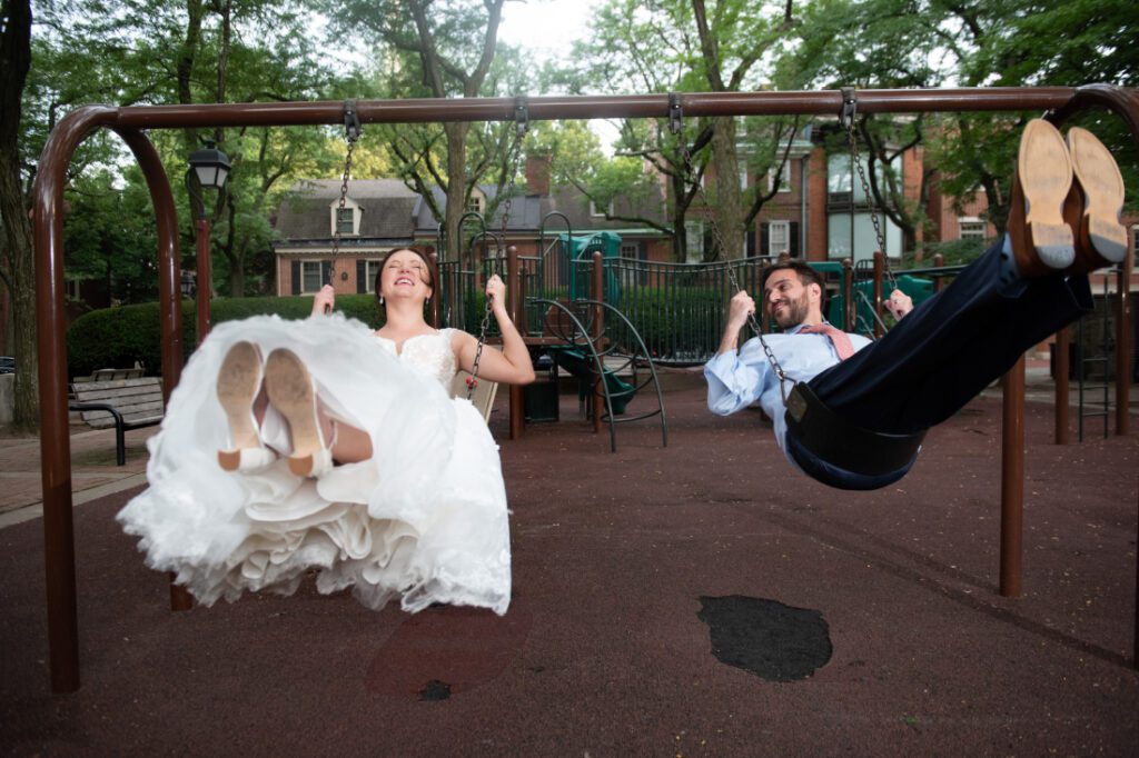 Bride and groom on a swing