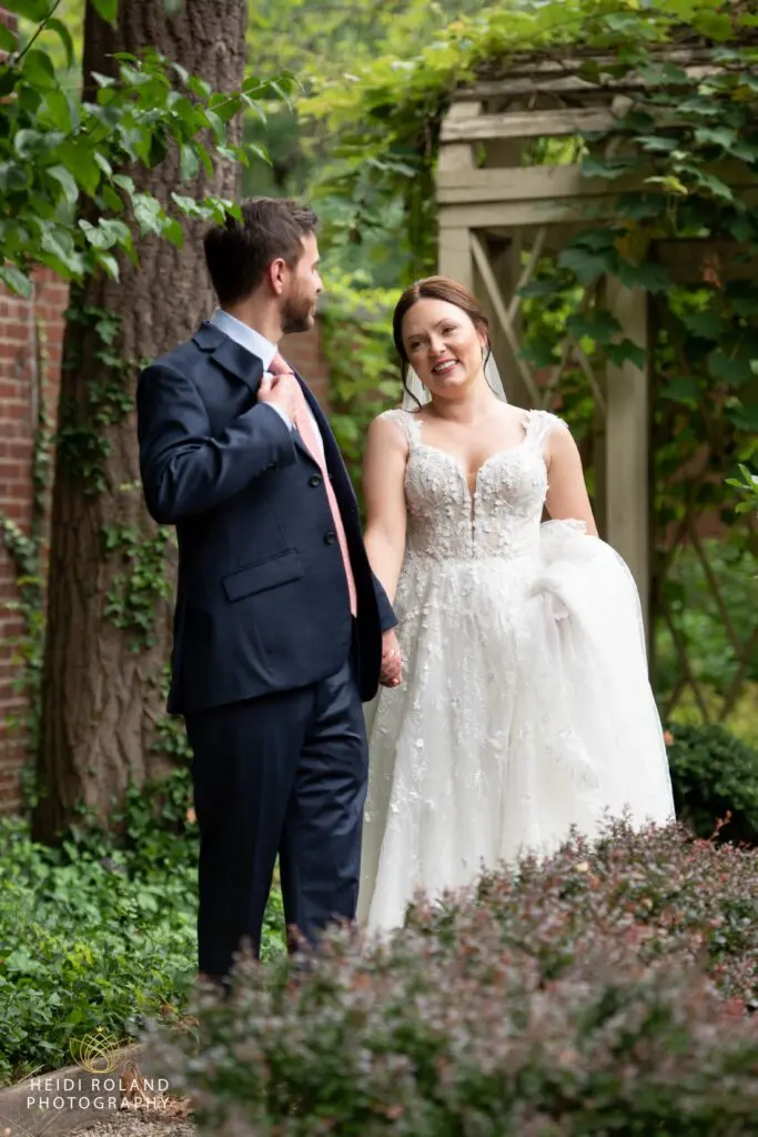 bride and groom in 18th century garden philadelphia