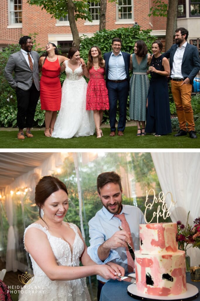 couple cutting the cake during hill-physick house wedding reception 