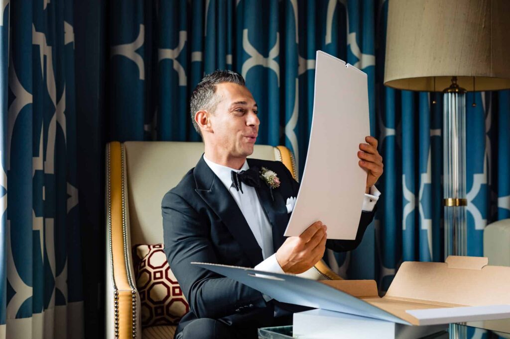 Groom seeing boudoir of his bride to be 